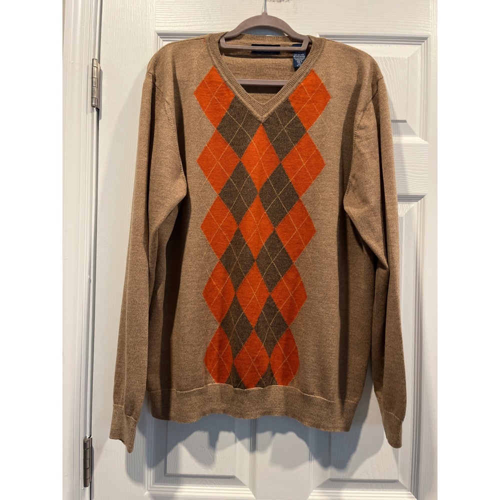 John Ashford Mens XXL Tan Orange Argyle Italian Merino Wool V-Neck Sweater
